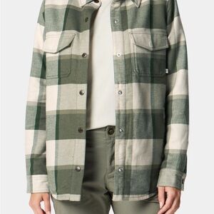 Cream and Green Shirt Jacket - Plaid Cotton Flannel and Microgrid Fleece